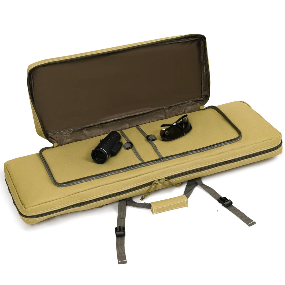 
                  
                    Khaki DULCE DOM Tactical Rifle Case open, interior with sunglasses and monocular. Oxford fabric.
                  
                