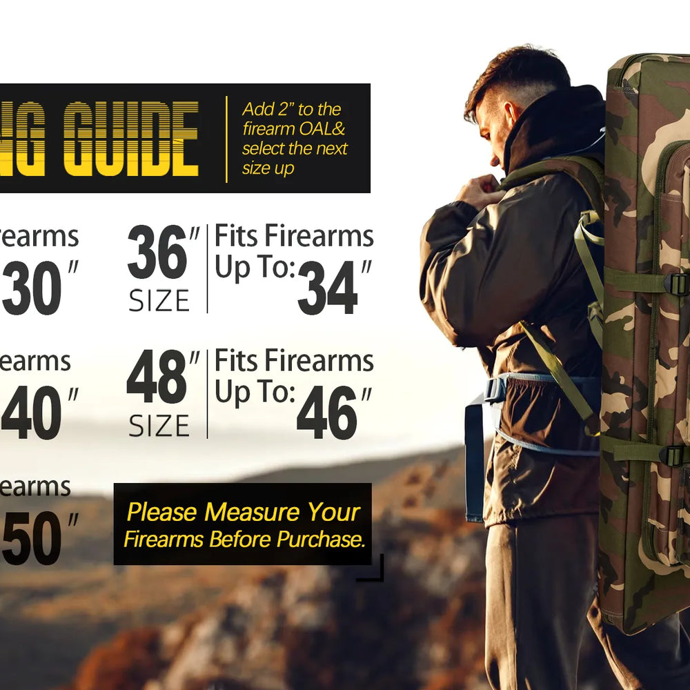
                  
                    DULCE DOM camo tactical rifle case size guide. Measure firearms OAL, select case size. Oxford fabric.  Secure transport.
                  
                