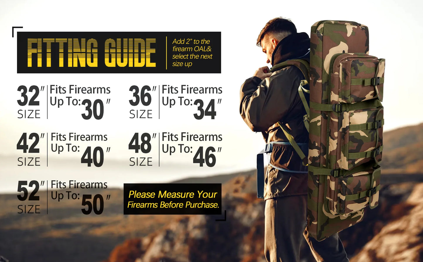 
                  
                    DULCE DOM camo tactical rifle case size guide. Measure firearms OAL, select case size. Oxford fabric.  Secure transport.
                  
                