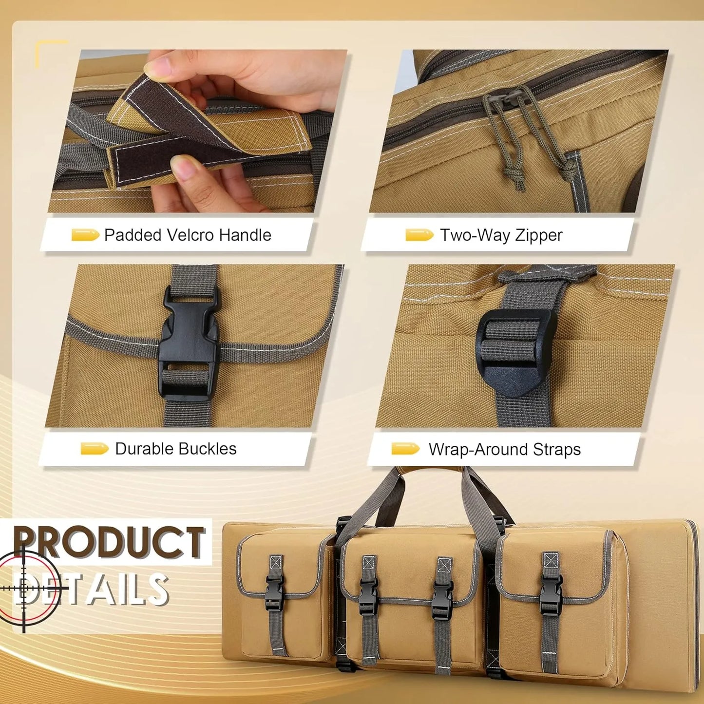 
                  
                    DULCE DOM Rifle Case details: padded handle, two-way zipper, durable buckles, wrap-around straps. Khaki Oxford fabric.
                  
                
