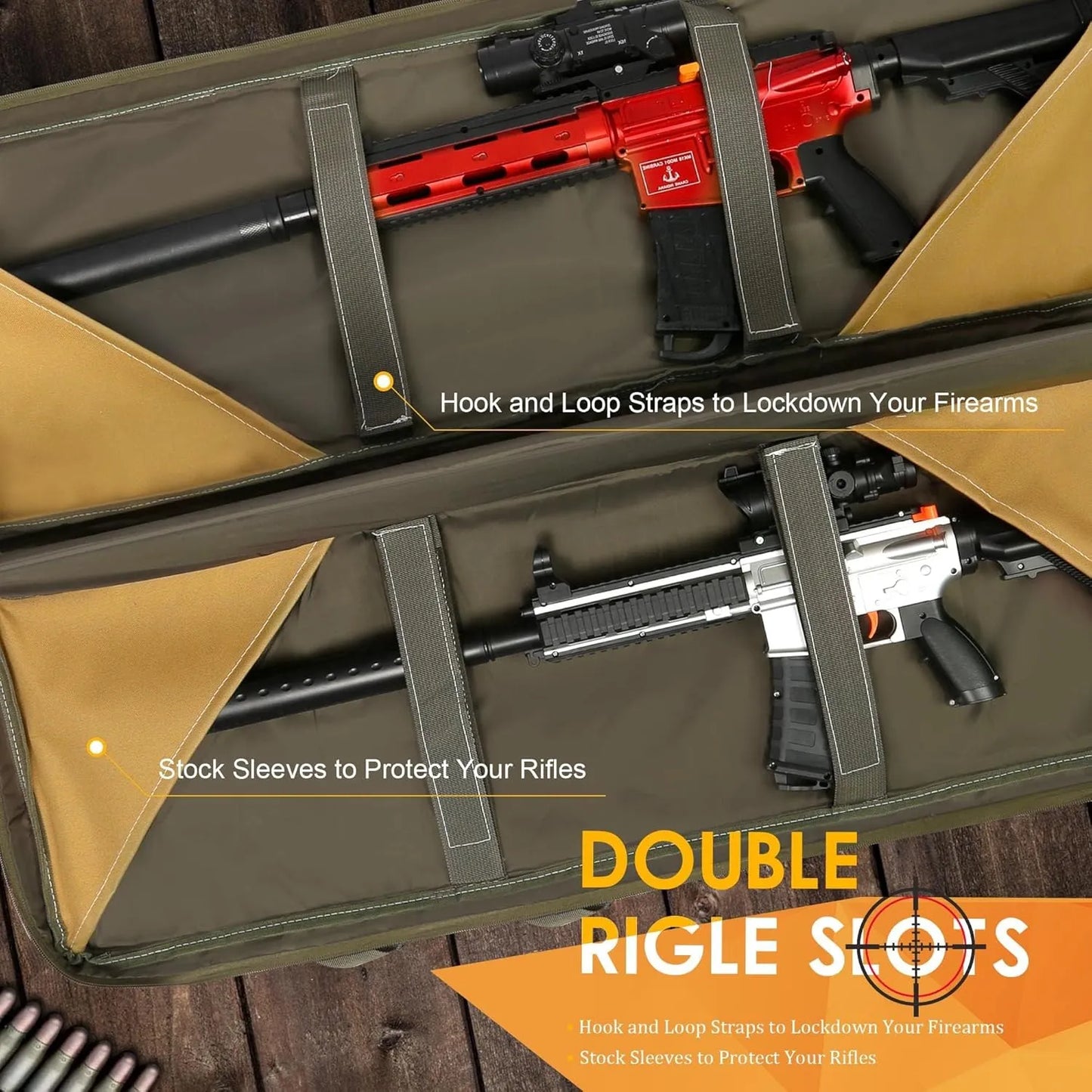 
                  
                    DULCE DOM double rifle case with hook & loop straps & stock sleeves, holds two rifles. Durable Oxford fabric construction.
                  
                