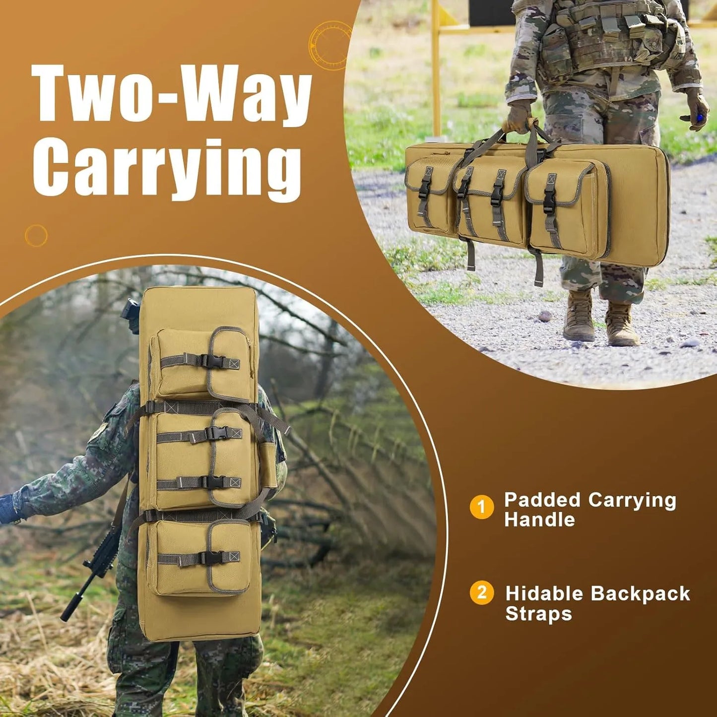 
                  
                    DULCE DOM Tactical Rifle Case, khaki, two-way carrying options: padded handle and hidable backpack straps.
                  
                
