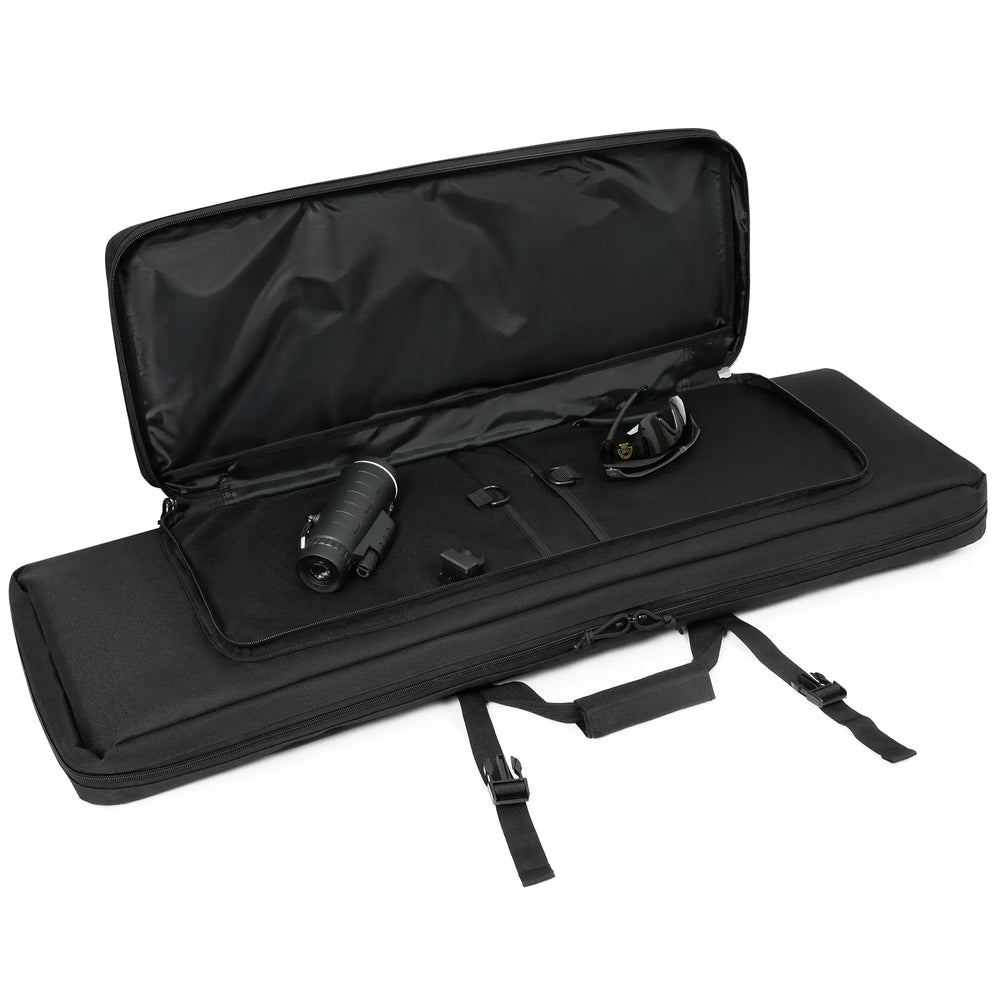 
                  
                    DULCE DOM black tactical rifle case open, showing internal storage, Oxford fabric, accessories, secure transport.
                  
                