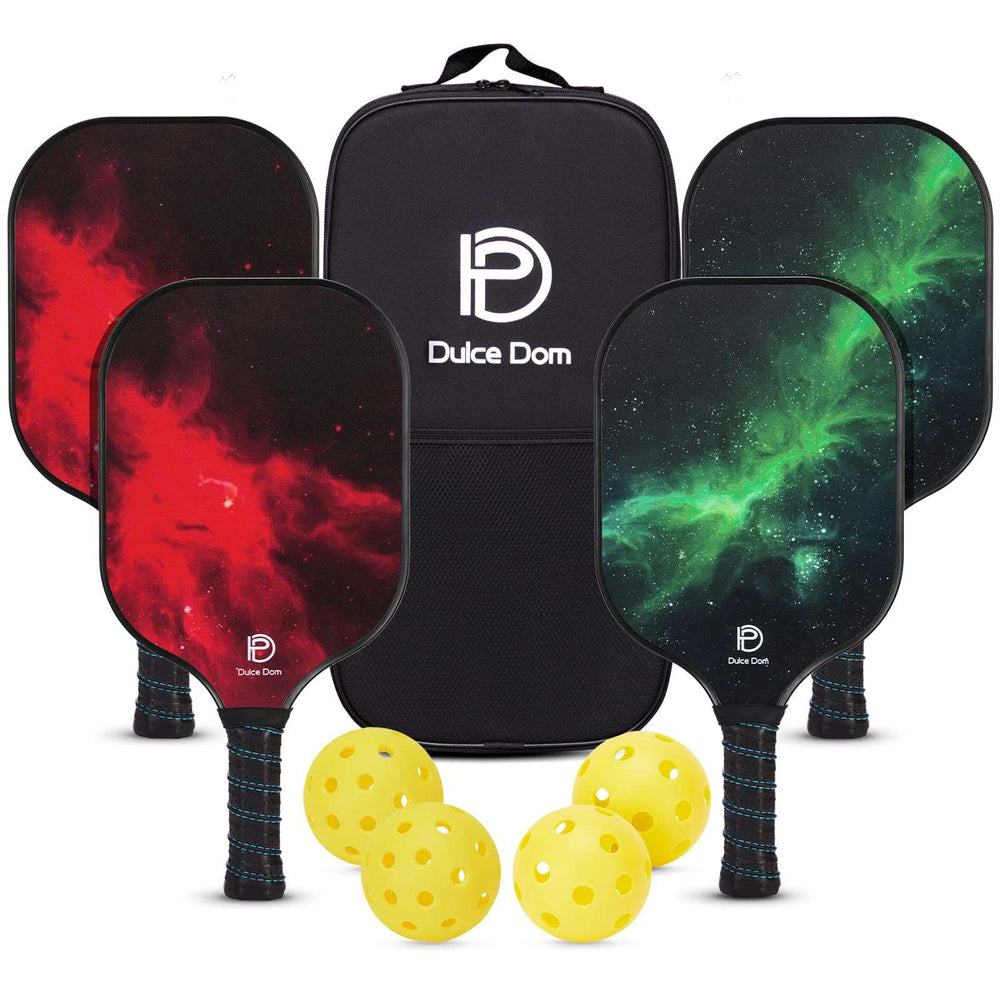 
                  
                    DULCE DOM pickleball set with 4 galaxy design paddles, 4 balls, and portable bag.
                  
                