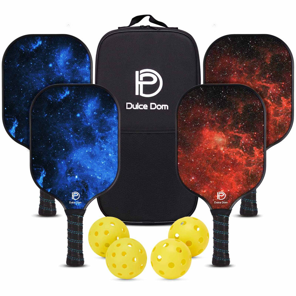 
                  
                    DULCE DOM pickleball set with 4 paddles in galaxy design and 4 yellow balls in bag.
                  
                