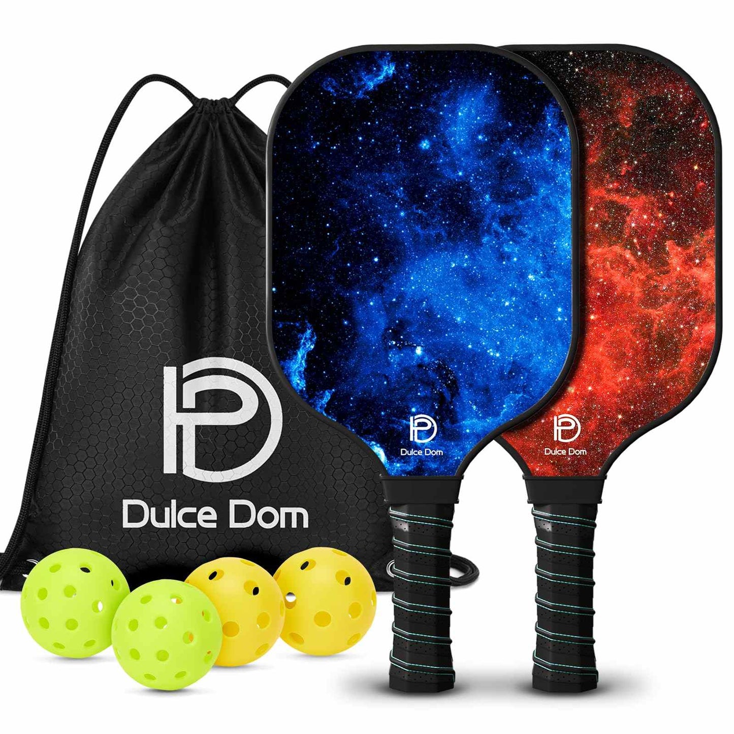 DULCE DOM pickleball set with two paddles, four balls, and a black carrying bag.