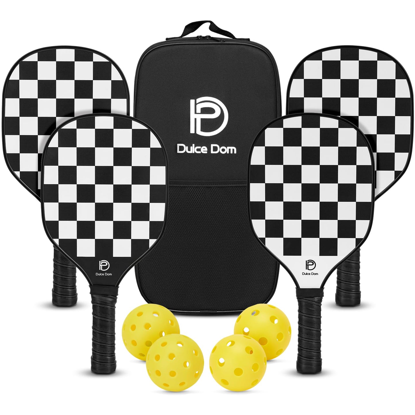 
                  
                    DULCE DOM pickleball set with 4 checkered paddles, 4 yellow balls, and carrying bag.
                  
                