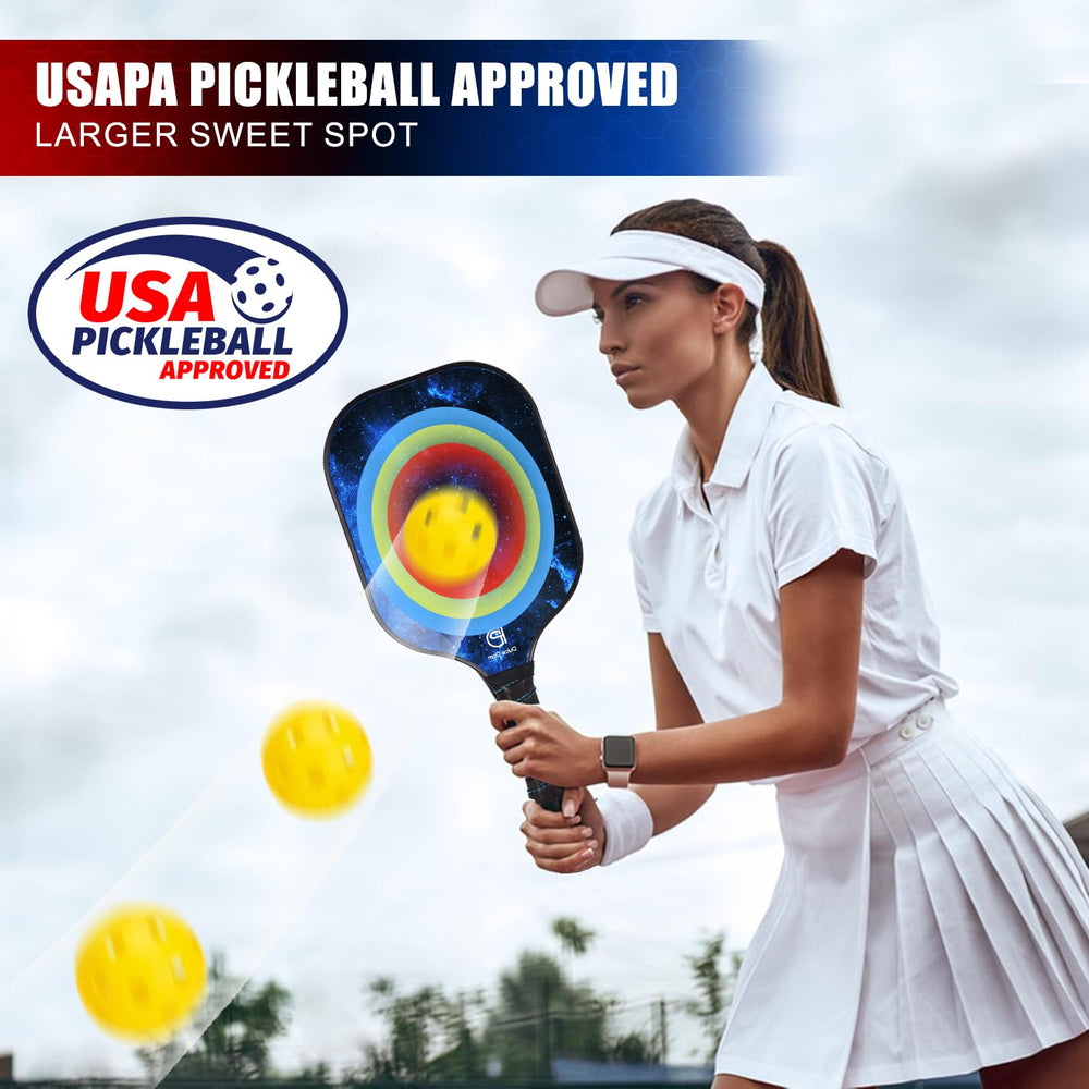 
                  
                    Player using USAPA approved pickleball paddle with larger sweet spot.
                  
                