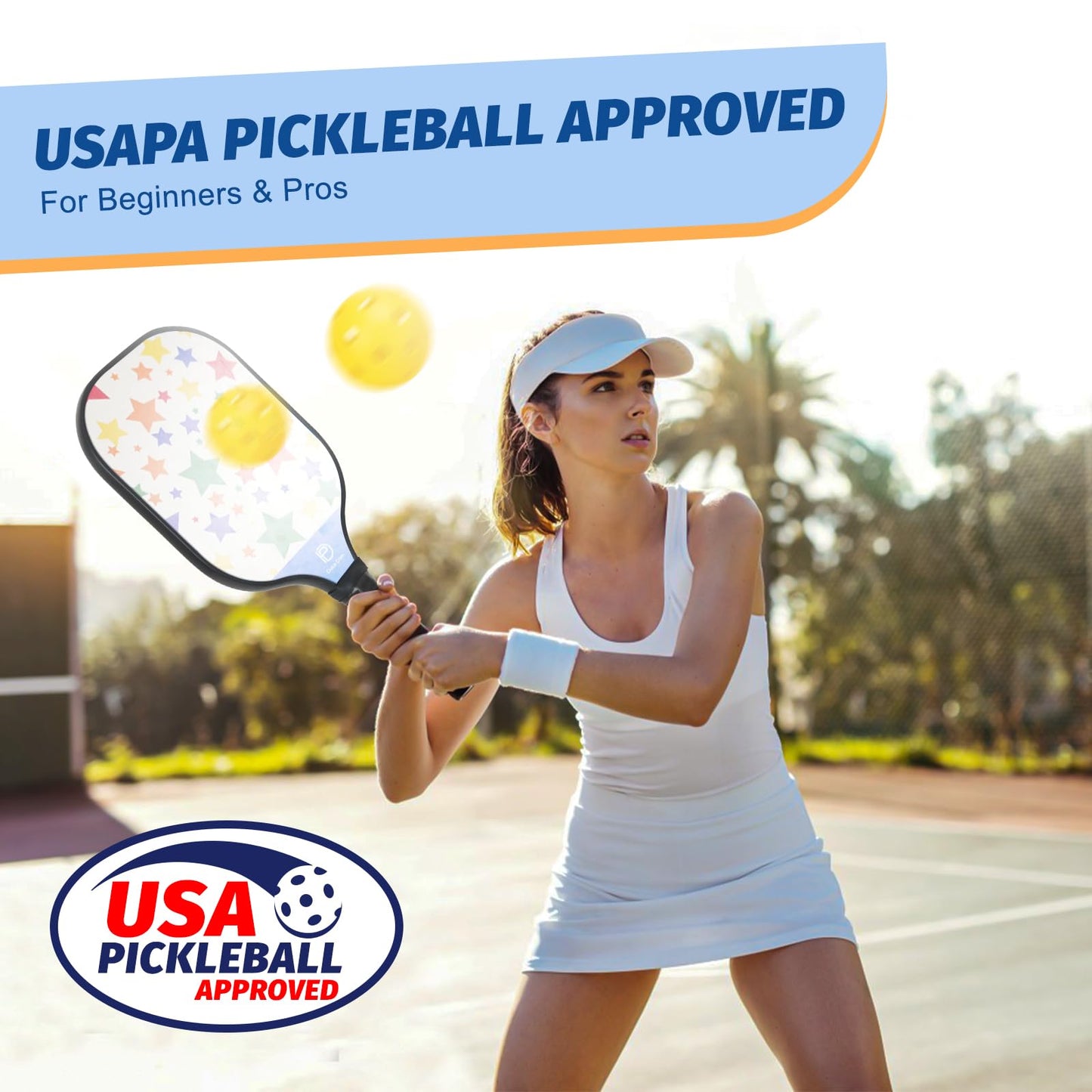 
                  
                    Female player with USAPA approved pickleball paddle preparing to hit a ball.
                  
                