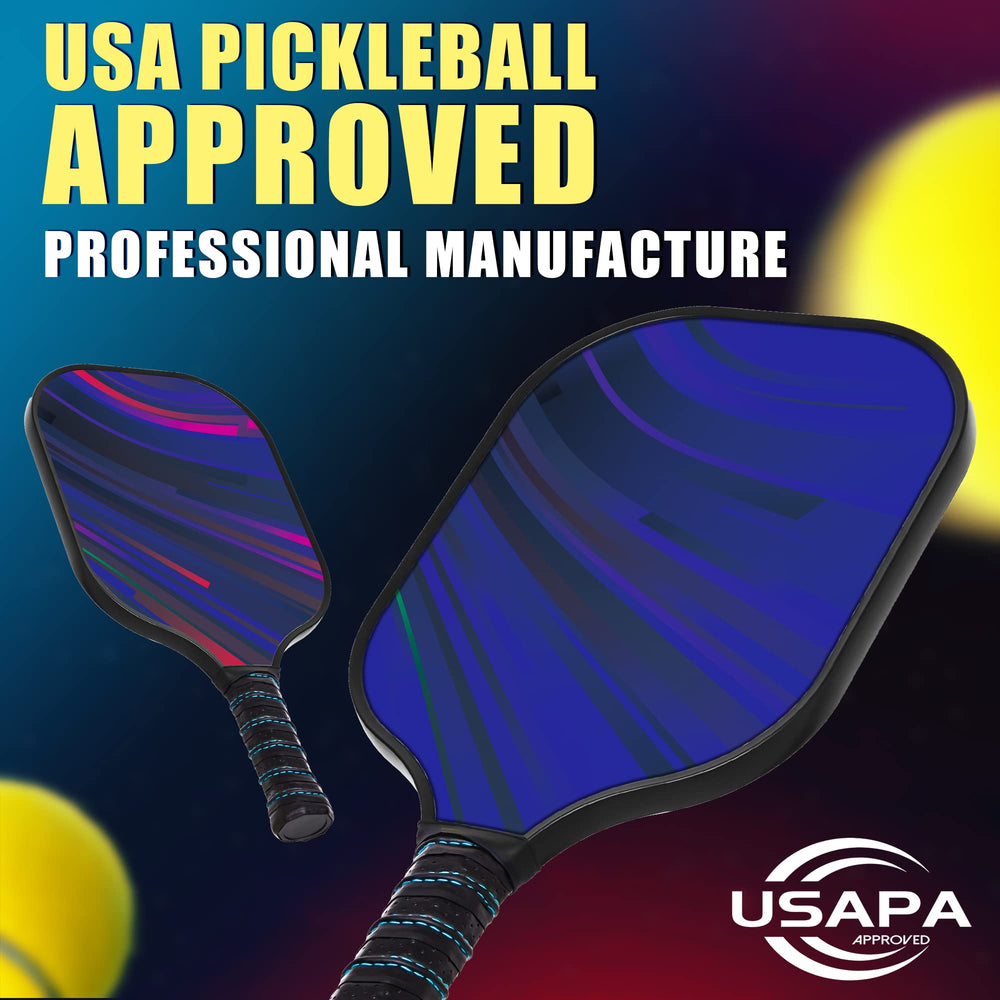 
                  
                    USAPA approved pickleball paddles with colorful design and endorsement text.
                  
                