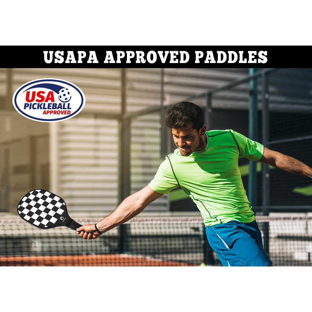 
                  
                    Player using USAPA approved DULCE DOM checkerboard pickleball paddle in action.
                  
                