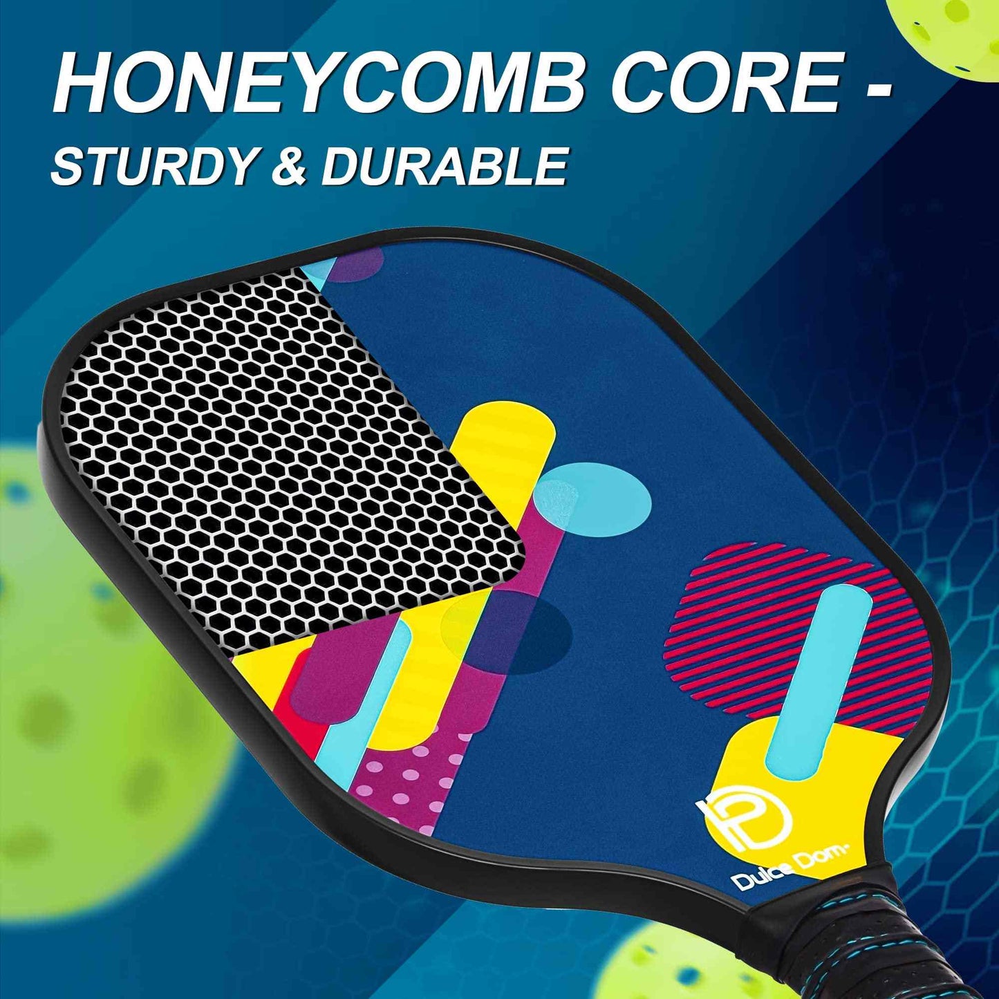 
                  
                    DULCE DOM pickleball paddle close-up with honeycomb core design
                  
                