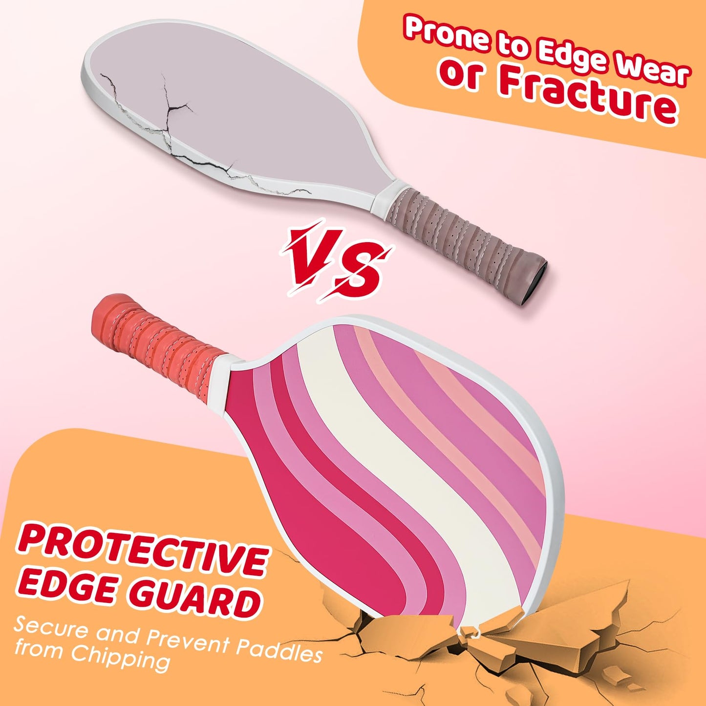 
                  
                    DULCE DOM pickleball paddles comparison showing protective edge guard vs prone to damage.
                  
                