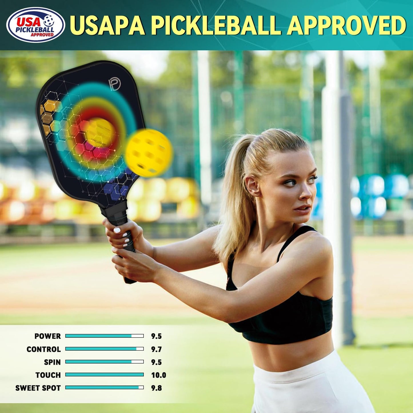 
                  
                    Female player with DULCE DOM galaxy pickleball paddle displaying USAPA approval and stats.
                  
                