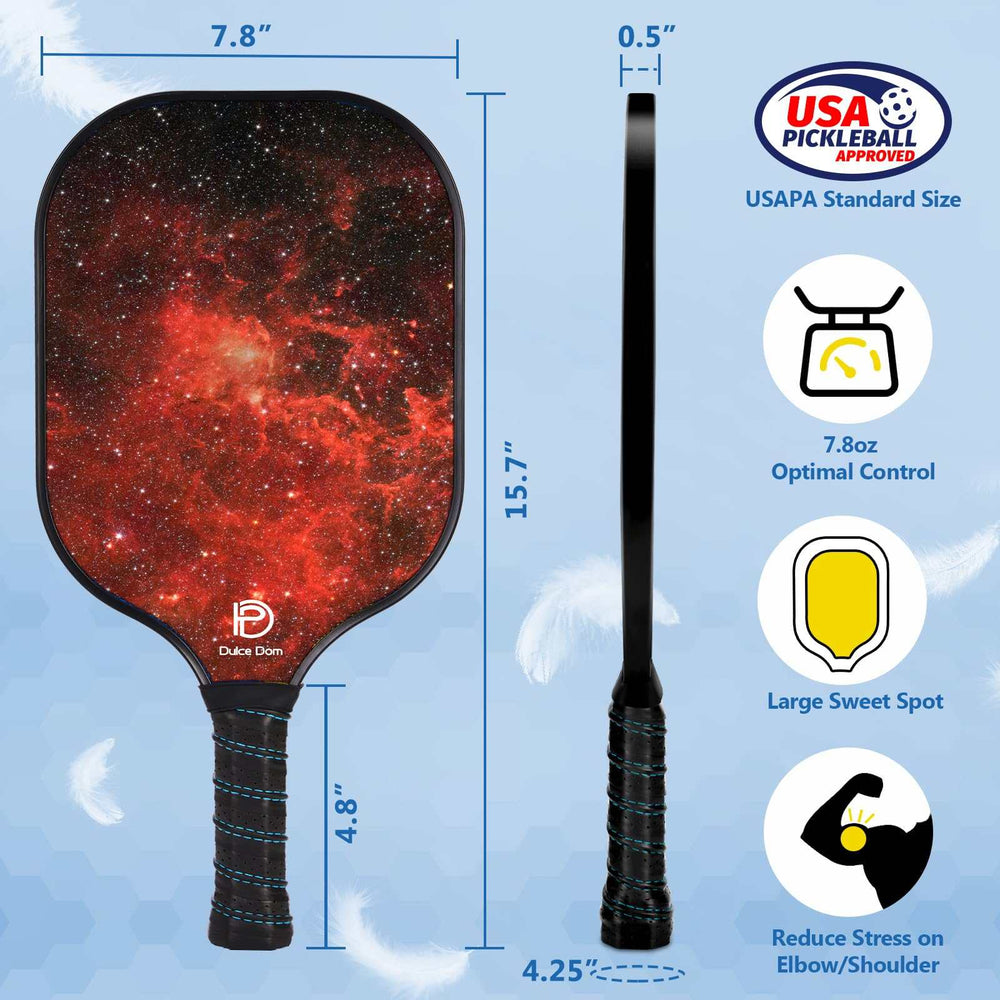 
                  
                    DULCE DOM galaxy design pickleball paddle with dimensions and weight details.
                  
                