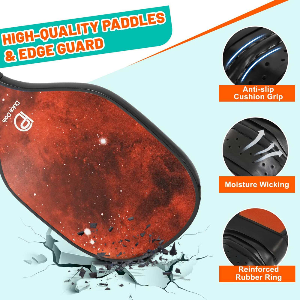 
                  
                    DULCE DOM pickleball paddle featuring galaxy design, anti-slip grip, and edge guard.
                  
                