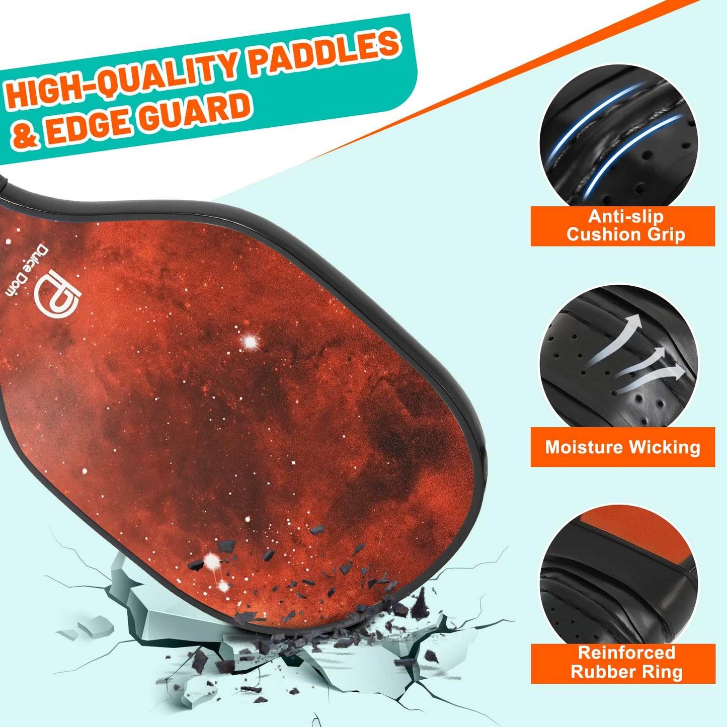 
                  
                    DULCE DOM pickleball paddle featuring galaxy design, anti-slip grip, and edge guard.
                  
                