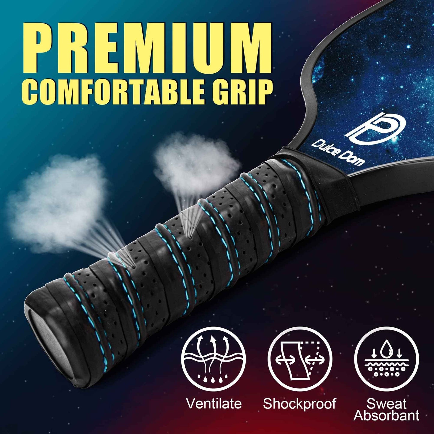 
                  
                    DULCE DOM pickleball paddle with premium grip, shockproof and ventilated design.
                  
                
