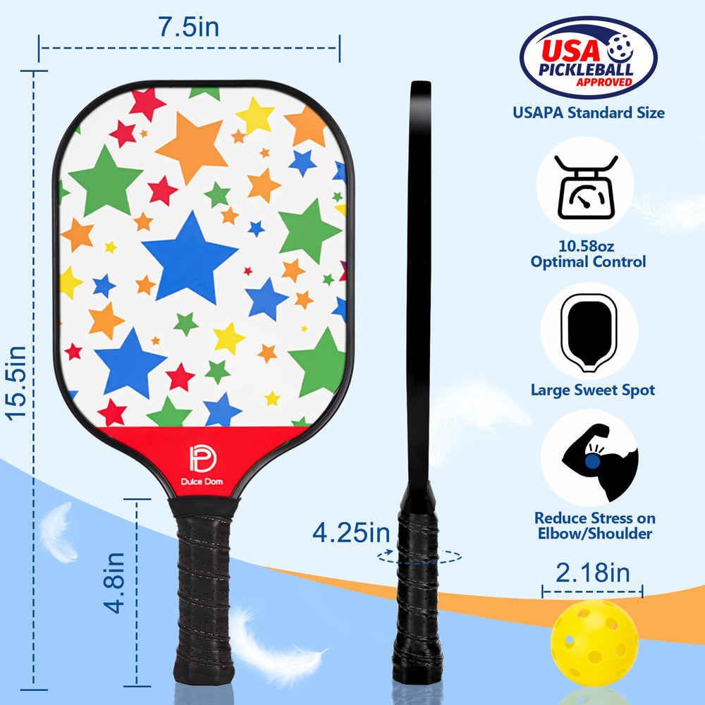 
                  
                    DULCE DOM USAPA approved pickleball paddle with star design and dimensions.
                  
                