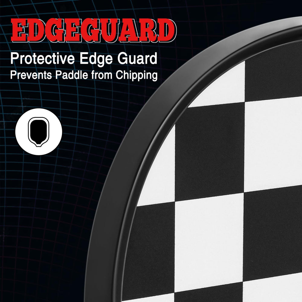 
                  
                    DULCE DOM pickleball paddle featuring protective edge guard design to prevent chipping.
                  
                