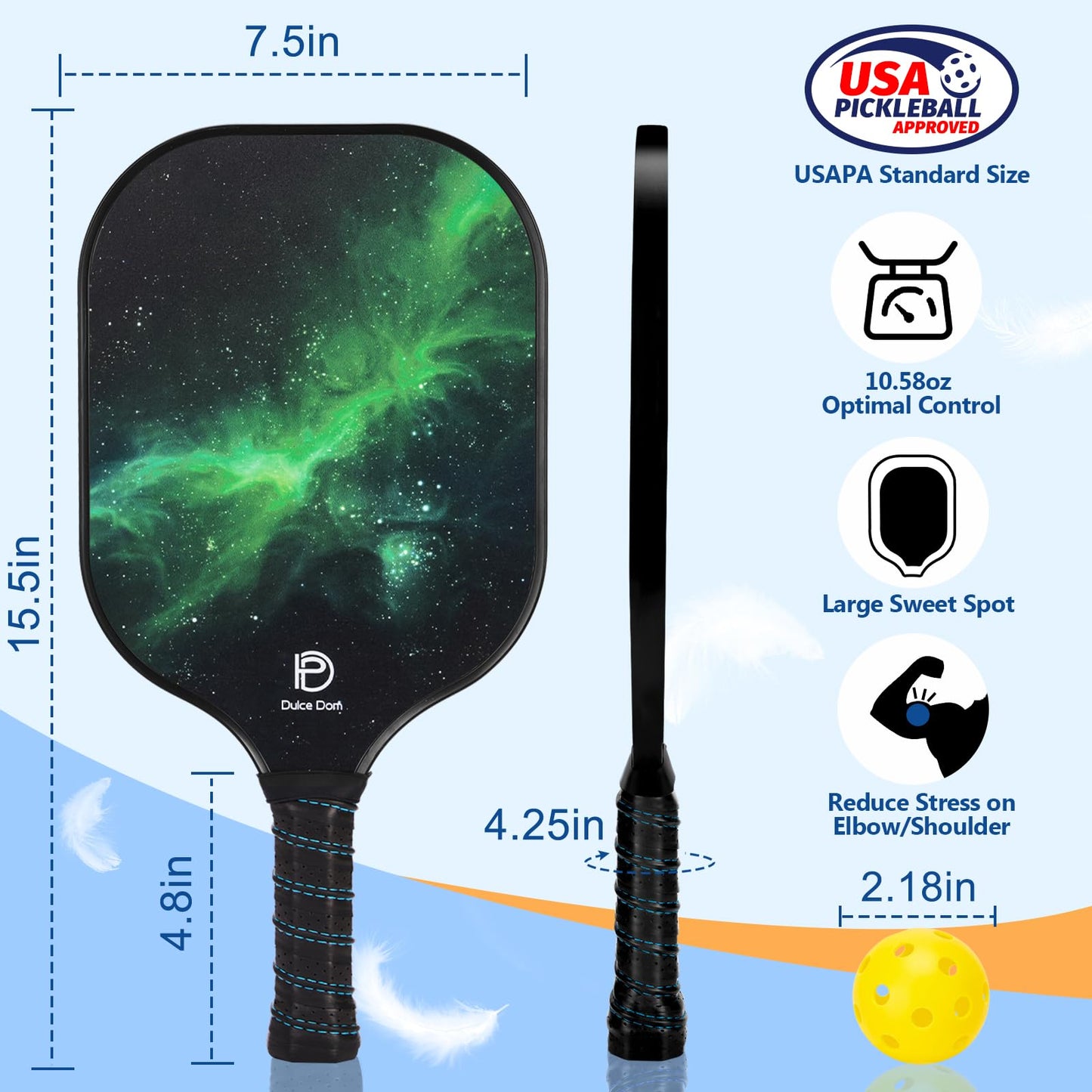 
                  
                    DULCE DOM USAPA approved galaxy design pickleball paddle with large sweet spot.
                  
                