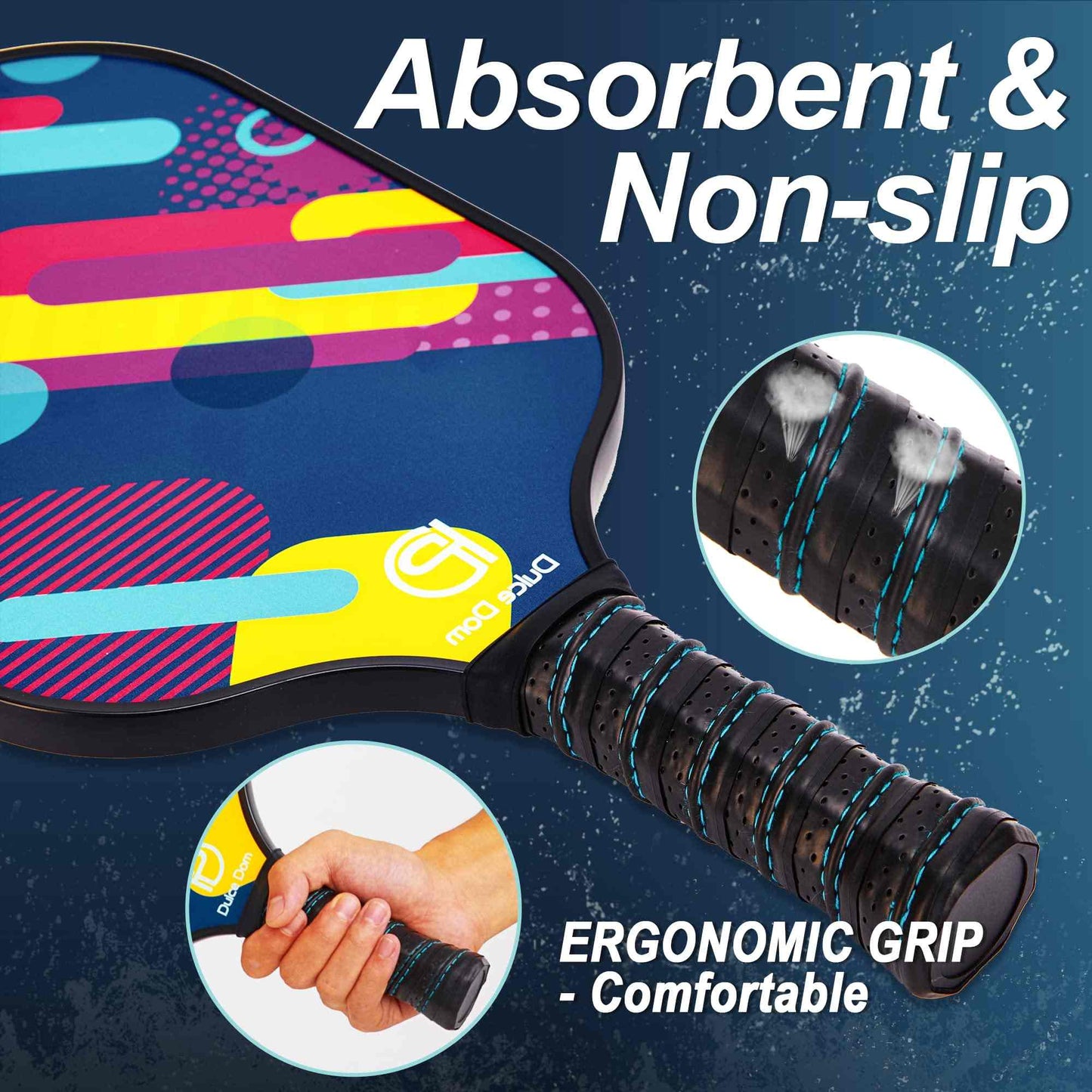 
                  
                    DULCE DOM pickleball paddle with ergonomic non-slip grip and colorful design.
                  
                