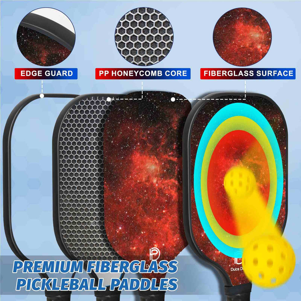 
                  
                    DULCE DOM fiberglass pickleball paddle close-up with honeycomb core and edge guard.
                  
                