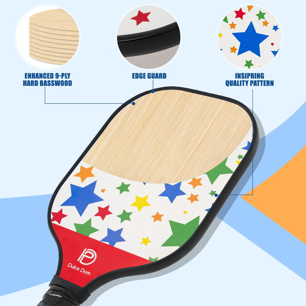 
                  
                    Close-up of DULCE DOM pickleball paddle showing star design and edge guard features.
                  
                
