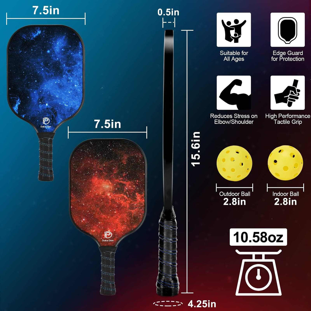 
                  
                    DULCE DOM pickleball paddle set featuring galaxy design, indoor & outdoor balls, ergonomic grip.
                  
                