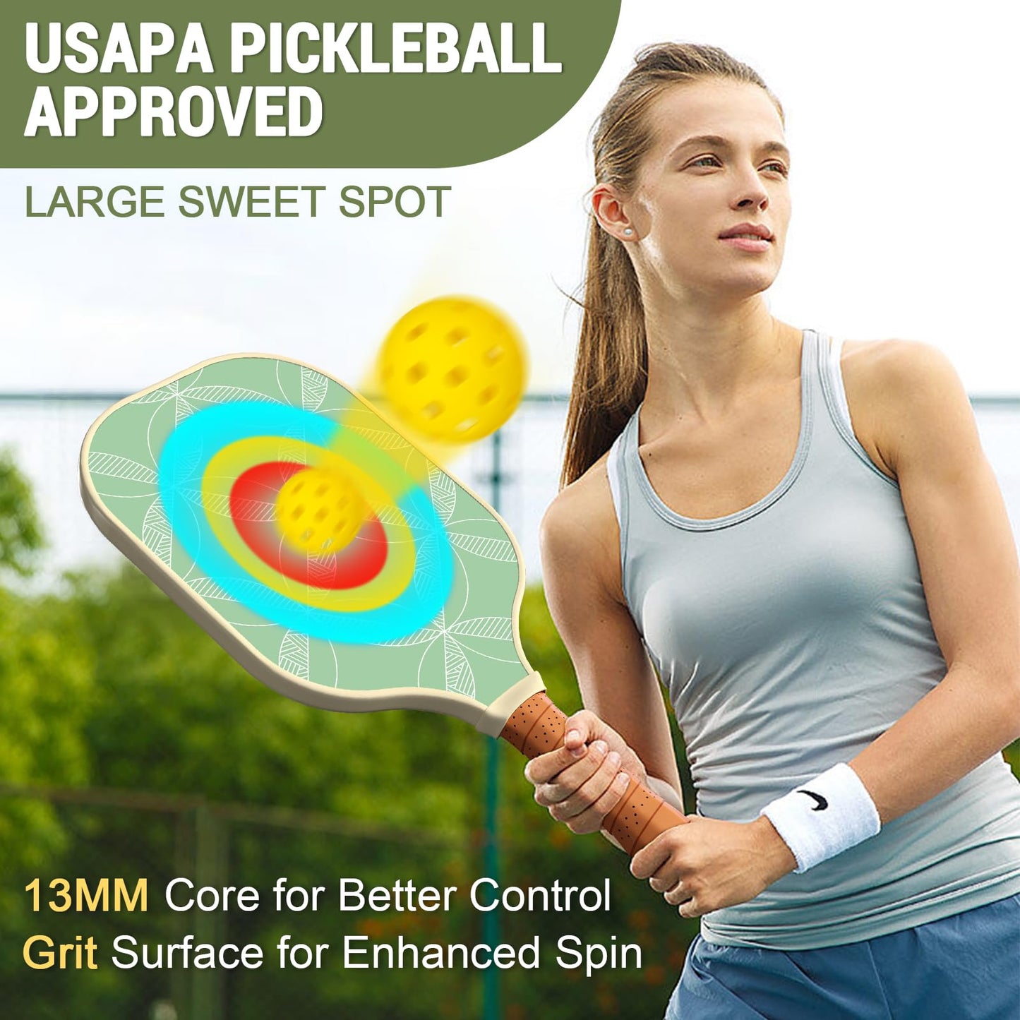 
                  
                    Female player with USAPA approved pickleball paddle featuring large sweet spot and vibrant design.
                  
                