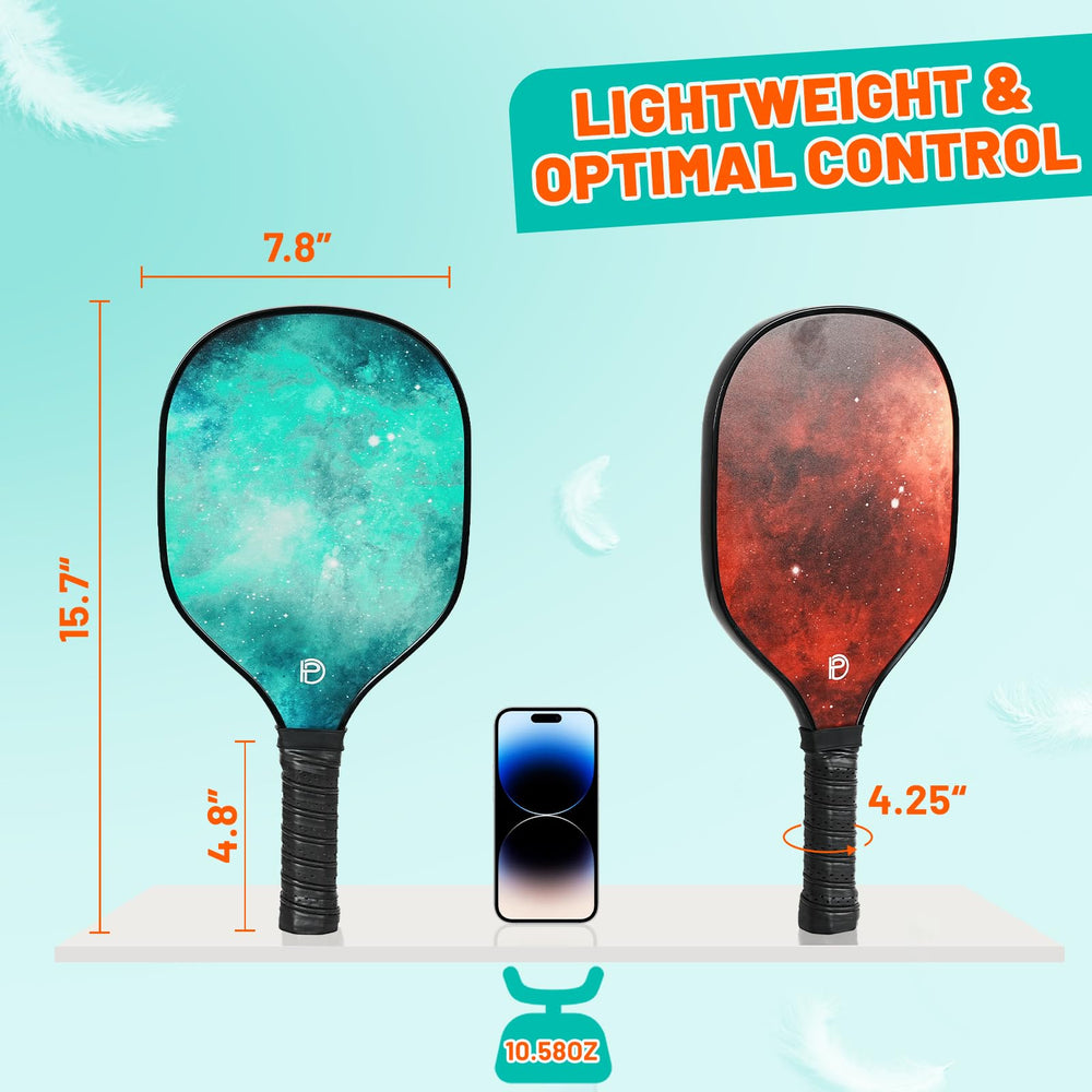 
                  
                    DULCE DOM lightweight pickleball paddles with galaxy design, dimensions, and optimal control.
                  
                