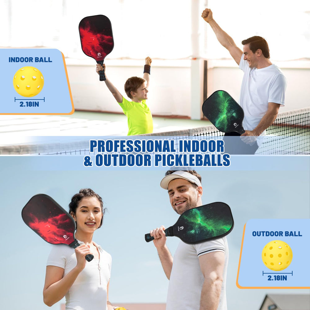 
                  
                    Father and son with DULCE DOM paddles and indoor/outdoor pickleballs.
                  
                