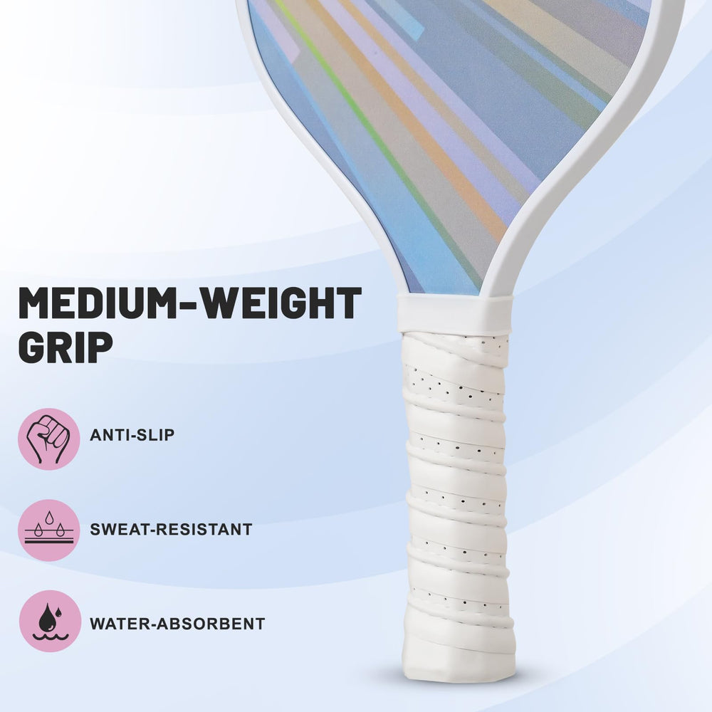 
                  
                    DULCE DOM pickleball paddle grip showcasing anti-slip, sweat-resistant, and water-absorbent features.
                  
                