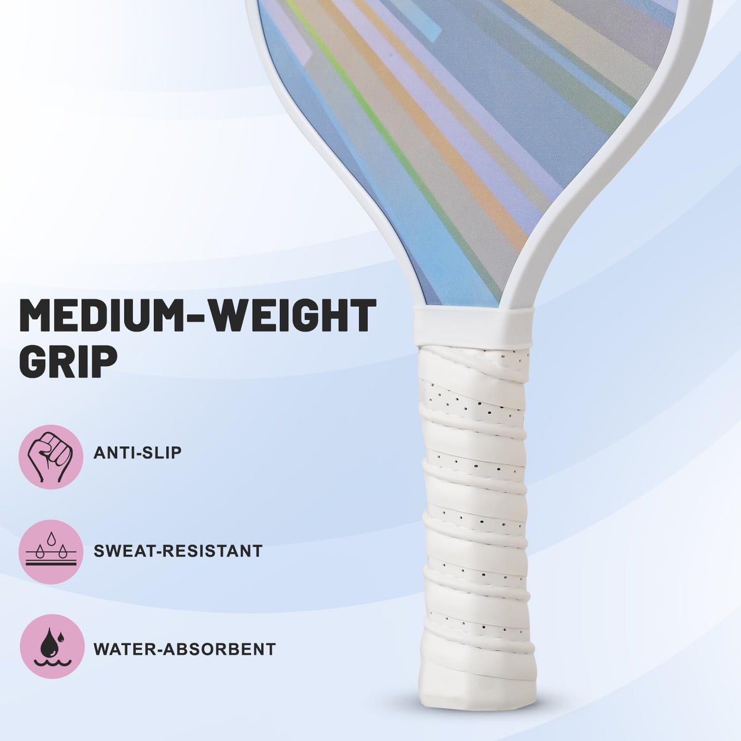 
                  
                    DULCE DOM pickleball paddle grip showcasing anti-slip, sweat-resistant, and water-absorbent features.
                  
                