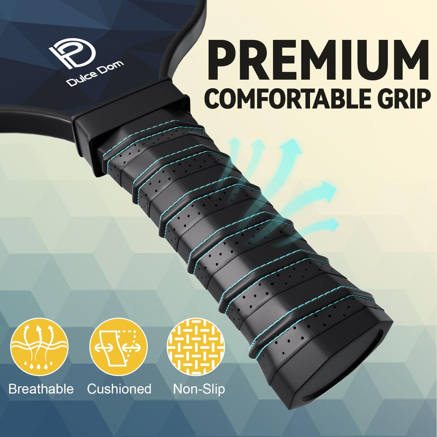 
                  
                    DULCE DOM pickleball paddle grip with breathable cushioning and non-slip design.
                  
                