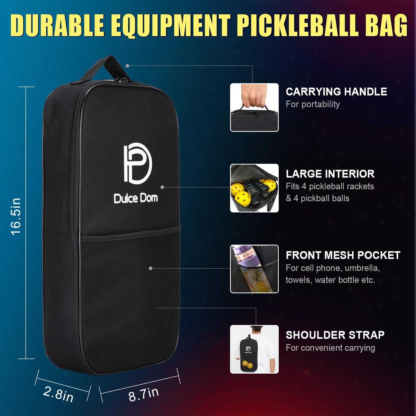 
                  
                    DULCE DOM durable pickleball bag with large interior, mesh pocket, and carrying handle.
                  
                