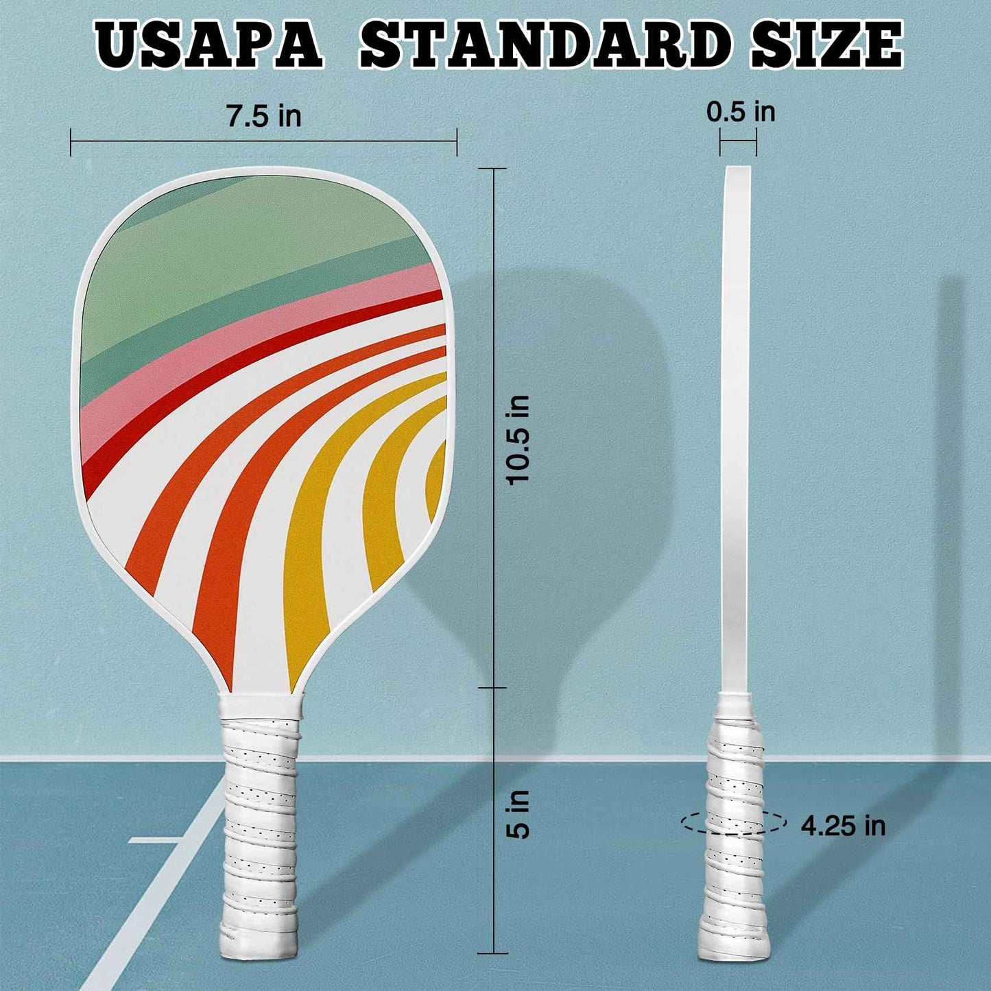 
                  
                    DULCE DOM USAPA standard size pickleball paddle dimensions: 10.5" x 7.5".
                  
                