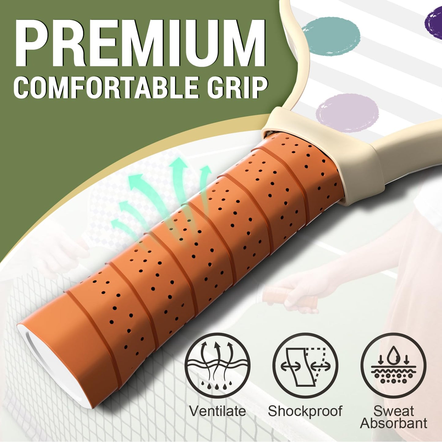 
                  
                    DULCE DOM pickleball paddle grip with ventilation and shockproof design.
                  
                