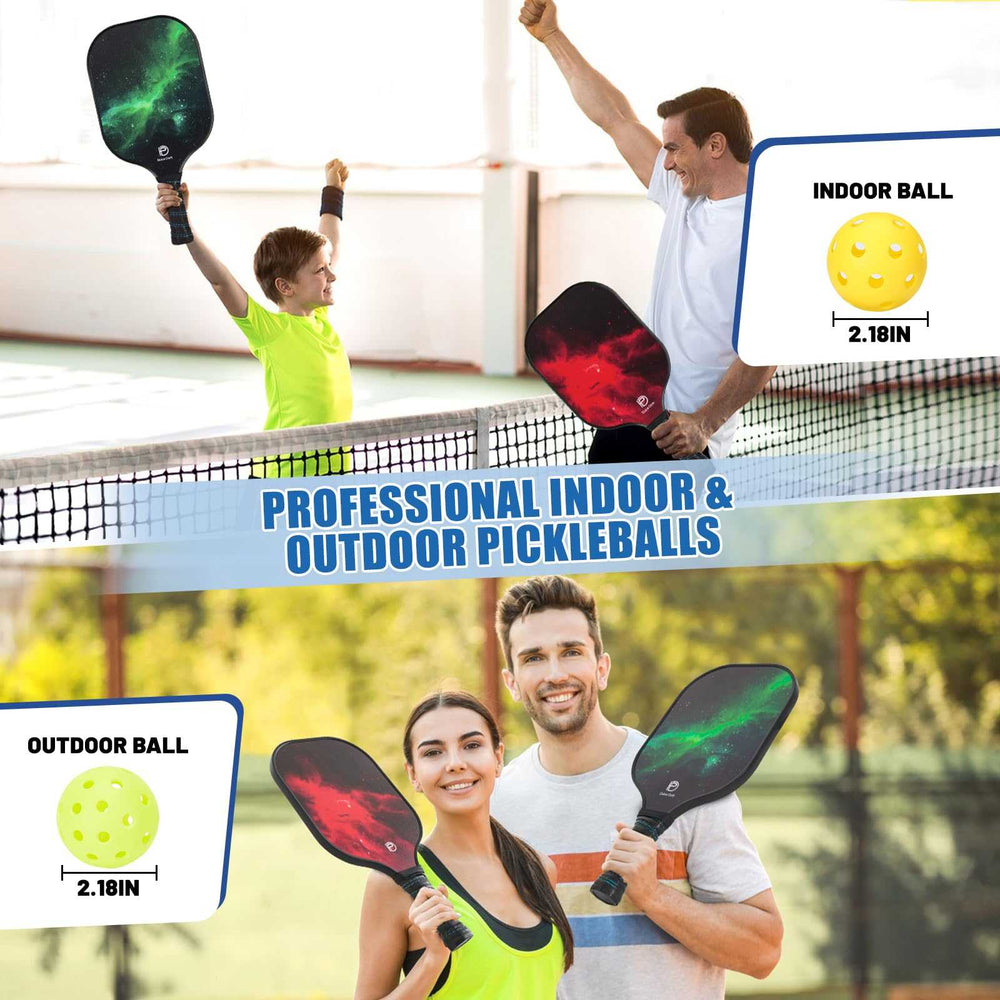 
                  
                    DULCE DOM pickleball set featuring indoor and outdoor balls with galaxy paddles.
                  
                