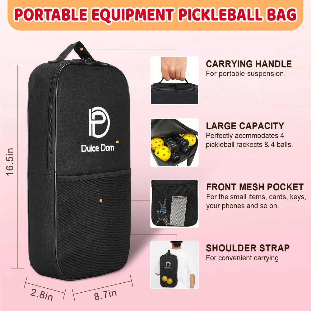 
                  
                    DULCE DOM pickleball bag with large capacity for paddles and balls, featuring front mesh pocket.
                  
                