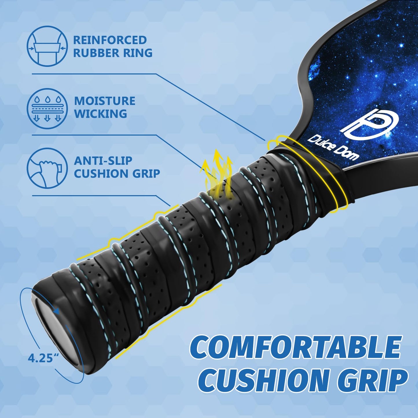 
                  
                    DULCE DOM pickleball paddle grip with cushion design and moisture-wicking features
                  
                