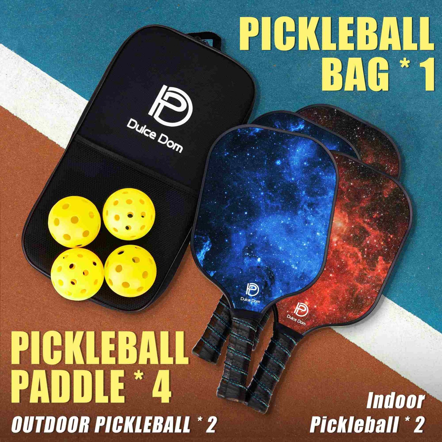 
                  
                    DULCE DOM pickleball set with 4 paddles, 2 outdoor & 2 indoor balls, and carrying bag.
                  
                