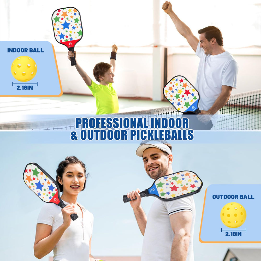 
                  
                    DULCE DOM pickleball paddles with indoor and outdoor balls for family play.
                  
                