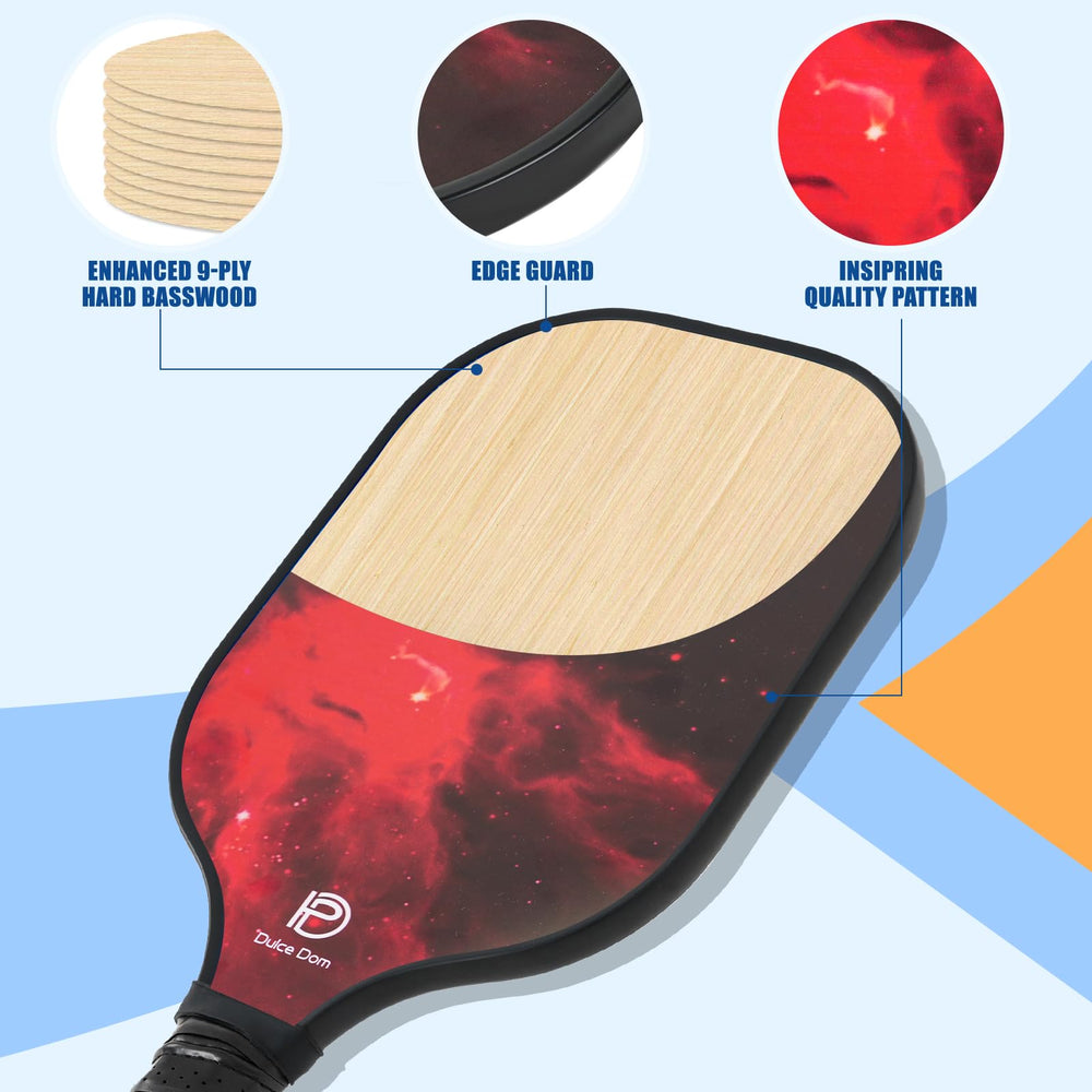 
                  
                    DULCE DOM galaxy design pickleball paddle showing edge guard and hard basswood.
                  
                