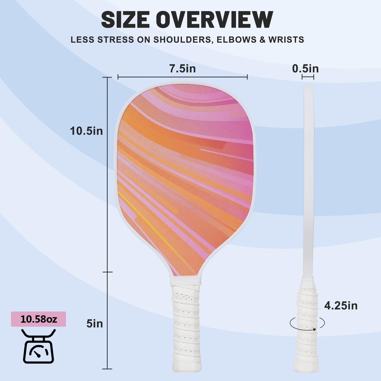 
                  
                    DULCE DOM pickleball paddle size overview with dimensions and weight details.
                  
                