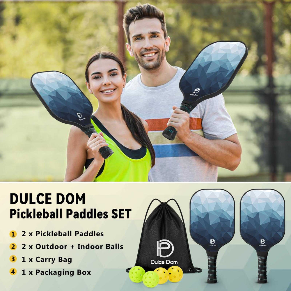 
                  
                    DULCE DOM pickleball paddle set with 2 paddles, 4 balls, and carrying bag.
                  
                
