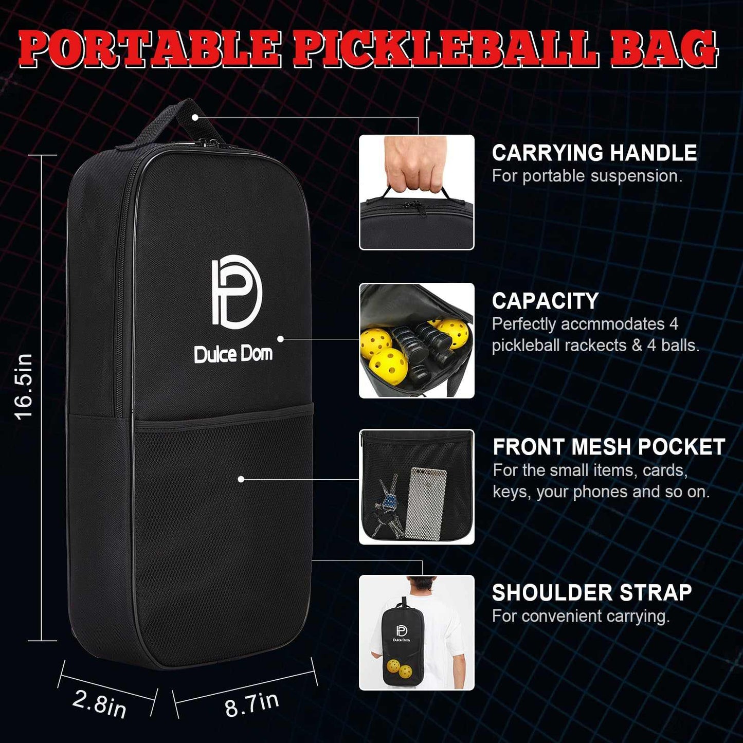 
                  
                    DULCE DOM portable pickleball bag with handle, mesh pocket, and adjustable strap.
                  
                
