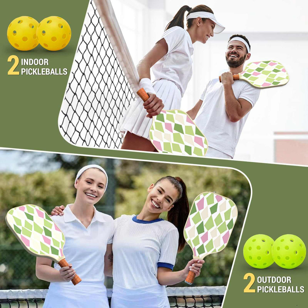 
                  
                    Female players celebrating with DULCE DOM diamond design paddles and indoor/outdoor balls.
                  
                