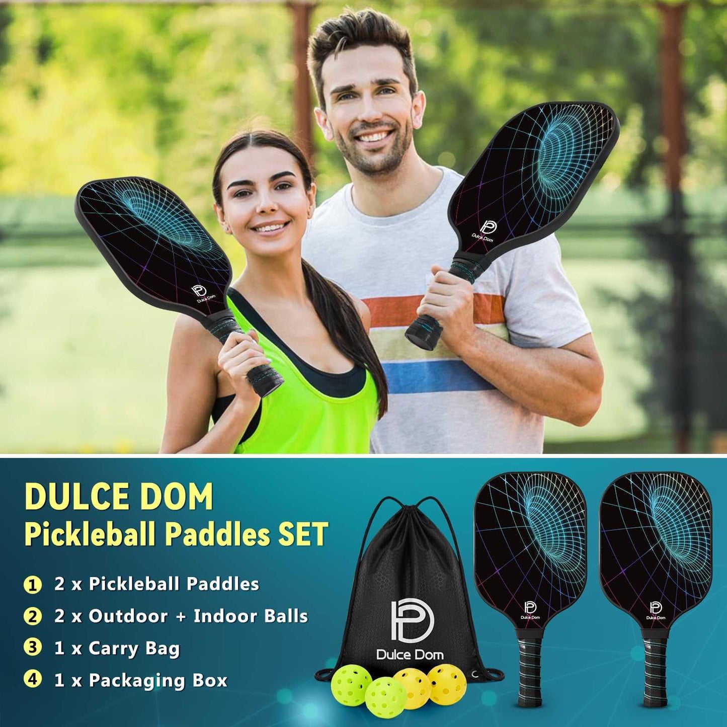 
                  
                    DULCE DOM pickleball paddle set with 2 paddles, 4 balls, and carry bag.
                  
                