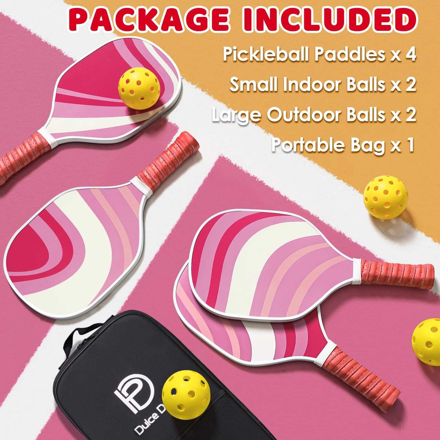 
                  
                    DULCE DOM pickleball set with 4 paddles, 2 indoor balls, 2 outdoor balls, and bag.
                  
                